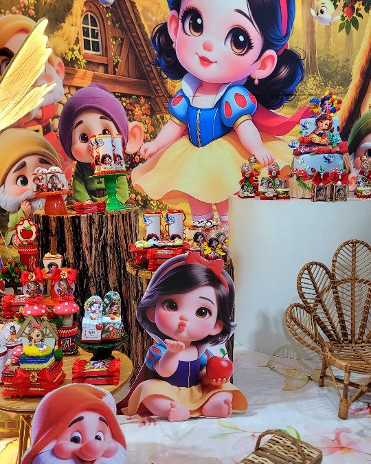 Decoração temática montada no Espaço Celebrarte Festas, com painel de fundo, cenário e mesa de doces.